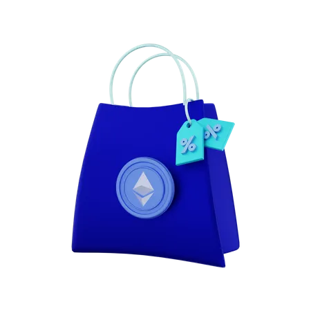 Remise Pièces de crypto Ethereum avec des sacs à provisions  3D Illustration