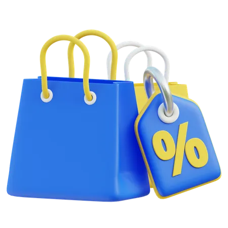 3 D Illustration Of Blue Shopping Bag With Percentage Discount Tag 3D Icon