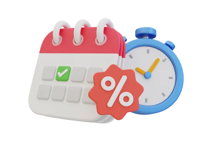 3 D Minimal Discount Time Shopping Sale Event Calendar With A Stopwatch And Percent Tag 3D Icon