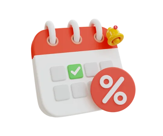 3 D Minimal Discount Time Reminder Shopping Sale Alert Calendar With Bell Icon And Percent Tag 3D Icon