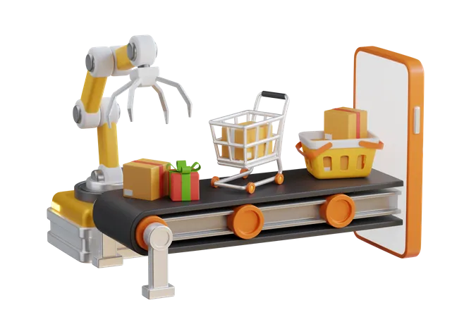 De La Linea De Produccion Salen El Smartphone Y El Brazo Robotico Robot Arm Manage En La Pantalla Del Telefono Inteligente Esta Clasificando Productos De Comercio Electronico Ilustracion 3 D 3D Illustration
