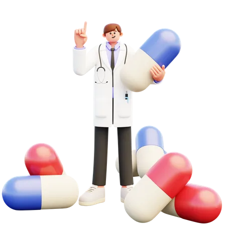 Médecin avec de grosses pilules  3D Illustration