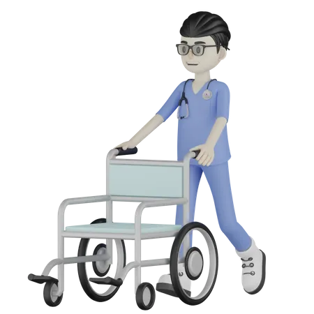 Médecin pousse le fauteuil roulant  3D Illustration