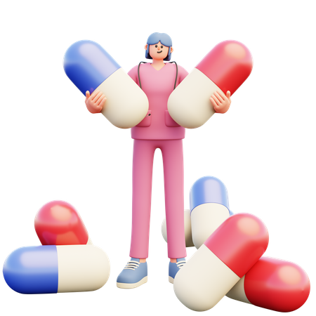 Médecin tenant deux grosses pilules  3D Illustration