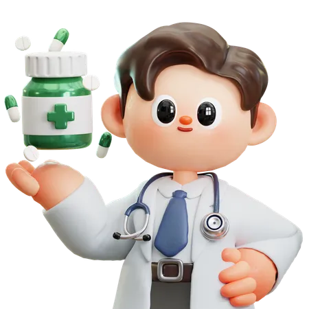 Doctor Or Pharmacist With Medication Pharmacy Drug Health Tablet Pharmaceutical 3 D Cute Cartoon Character Smiling Male Doctor With Stethoscope Concept Of Science Medical Health Healthcare Insurance National Doctors Day 3D Illustration