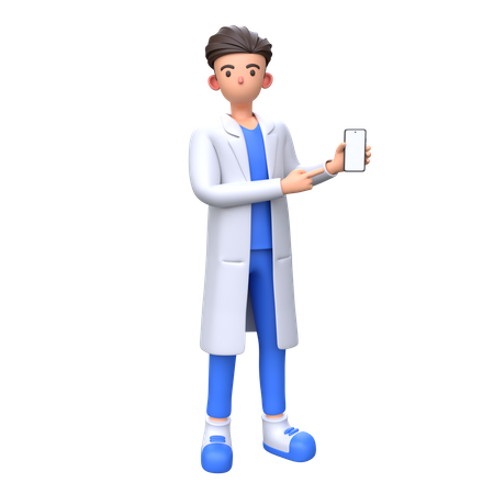 Doctor apuntando a la pantalla del teléfono en blanco  3D Illustration