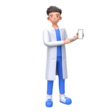 Doctor apuntando a la pantalla del teléfono en blanco  3D Illustration