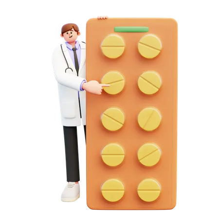Doctor cerca de un gran paquete de pastillas  3D Illustration