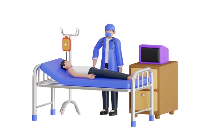 3 D Illustration Of Doctor Check Patient Health Condition Doctors Visit To Ward Of Patient Man Lying In A Medical Bed 3 D Illustration 3D Illustration