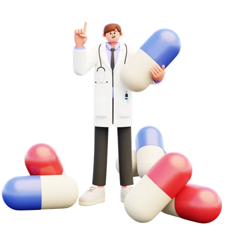 Doctor con pastillas grandes  3D Illustration