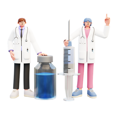 Doctor Couple Show Syringe And Vaccine  3D Illustration