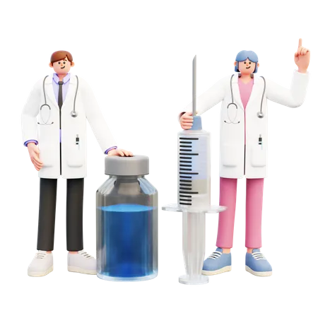 Doctor Couple Show Syringe And Vaccine  3D Illustration