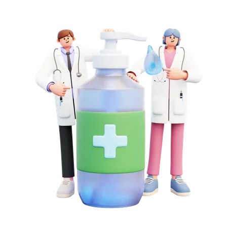 Doctor Couple Standing Near Big Dispenser Jar  3D Illustration