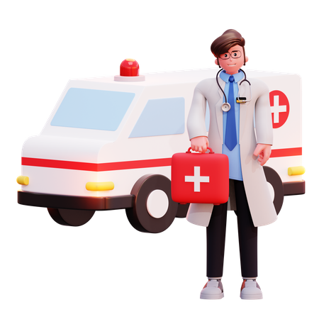 Médico varón parado cerca de una ambulancia con botiquín médico  3D Illustration