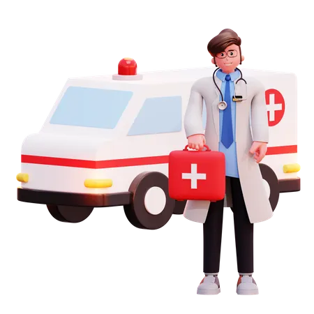 Médico varón parado cerca de una ambulancia con botiquín médico  3D Illustration