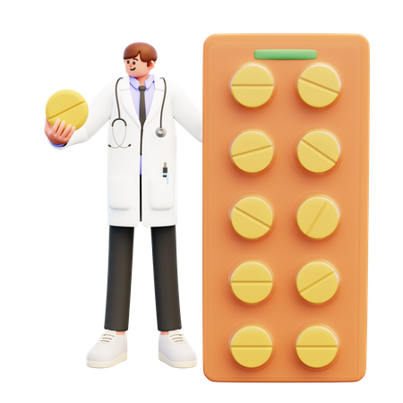Médico varón parado cerca de un gran paquete de pastillas  3D Illustration