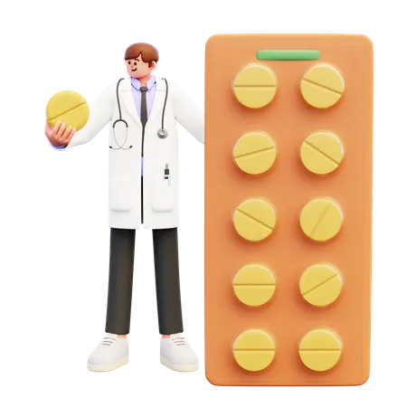 Médico varón parado cerca de un gran paquete de pastillas  3D Illustration