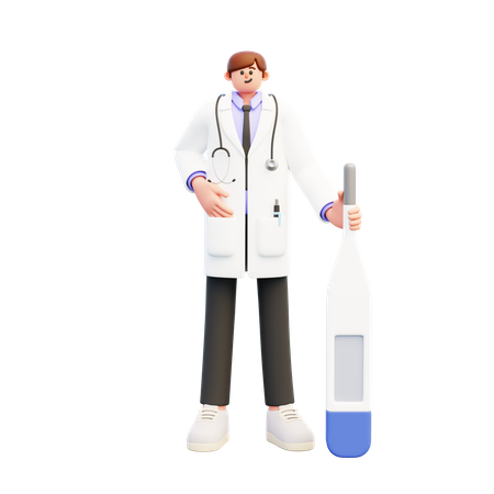 Médico masculino parado cerca del termómetro grande  3D Illustration