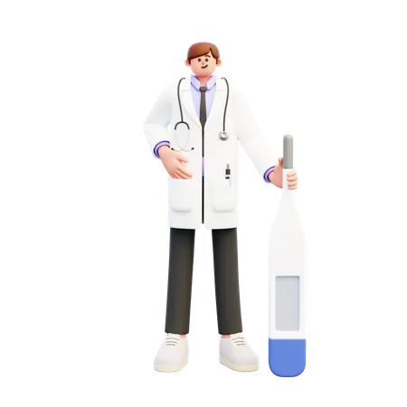 Médico masculino parado cerca del termómetro grande  3D Illustration