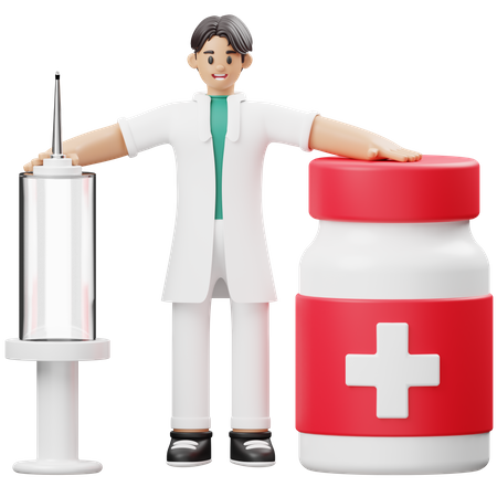 Doctor de pie con inyección y botella de medicina  3D Illustration