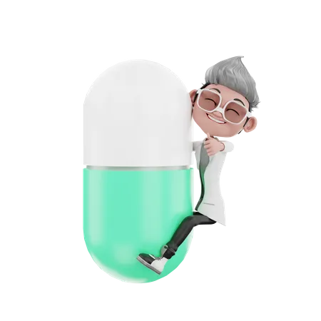 Doctor feliz dando un abrazo a la medicina  3D Illustration