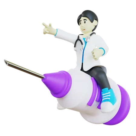 Doctor flying on big syringe  3D Illustration