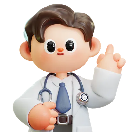 Doctor Shows Index Finger Up 3 D Cute Cartoon Character Smiling Male Doctor With Stethoscope Concept Of Science Medical Health Healthcare Insurance National Doctors Day 3D Illustration