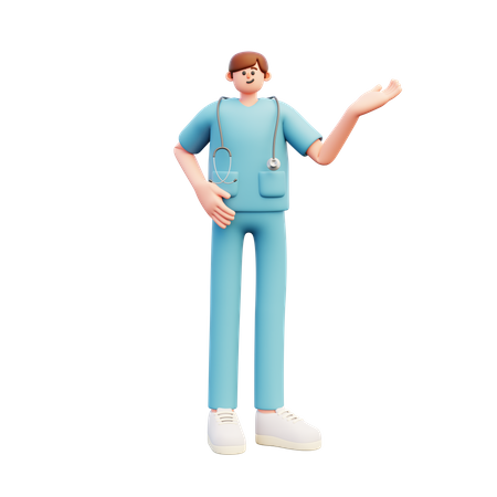 El doctor hace gesto de presentación.  3D Illustration