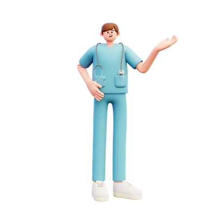 El doctor hace gesto de presentación.  3D Illustration