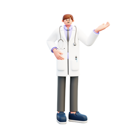 El doctor hace gesto de presentación.  3D Illustration