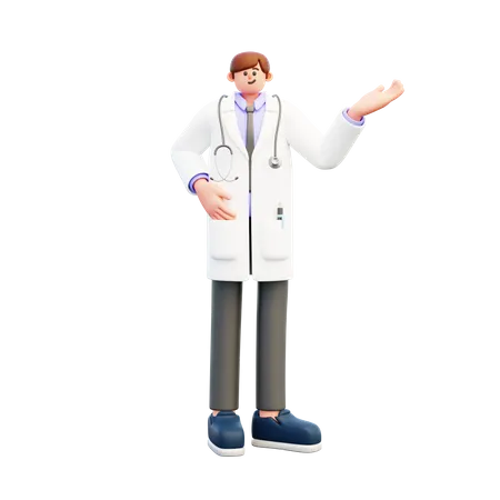 El doctor hace gesto de presentación.  3D Illustration