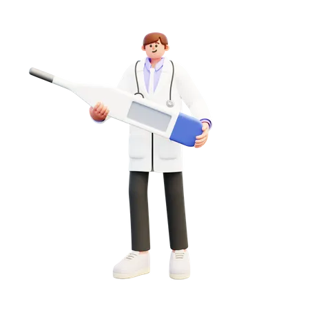 Doctor Holding Big Blank Thermometer  3D Illustration