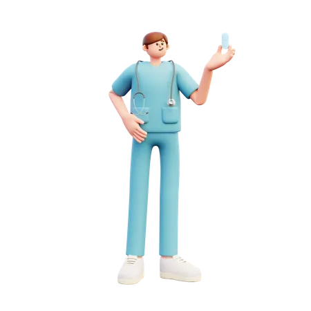 Doctor Holding Big Pill  3D Illustration