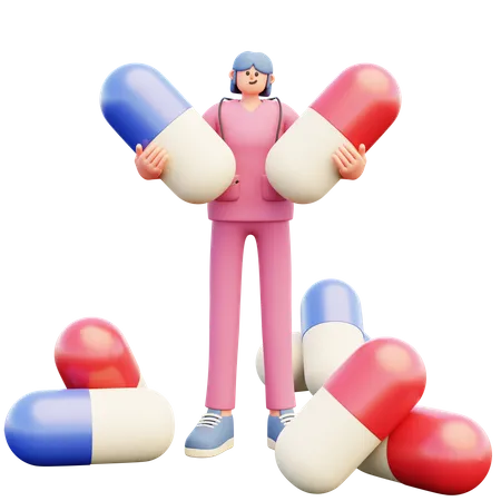 Doctor Holding Two Big Pills  3D Illustration