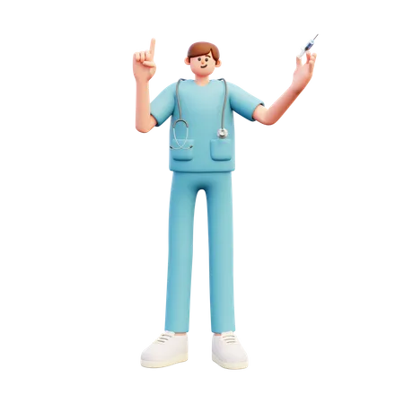 Doctor Holds Syringe Pointing Up  3D Illustration