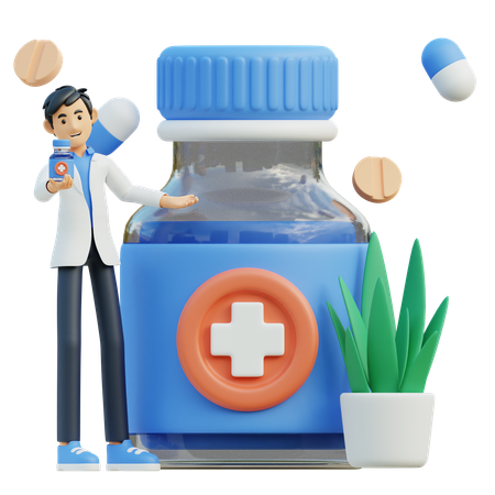 Doctor masculino da botella de medicina  3D Illustration