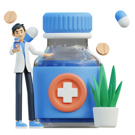 Doctor masculino da botella de medicina  3D Illustration
