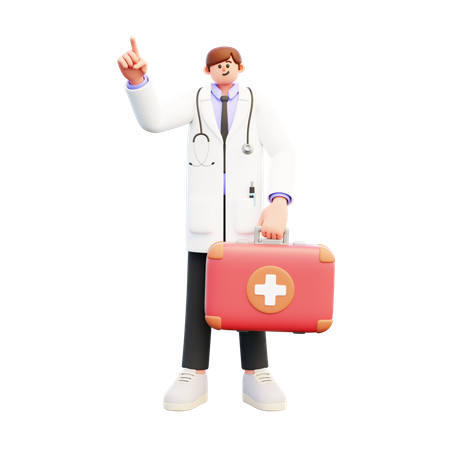 Médico varón sosteniendo caja médica mientras apunta hacia arriba  3D Illustration