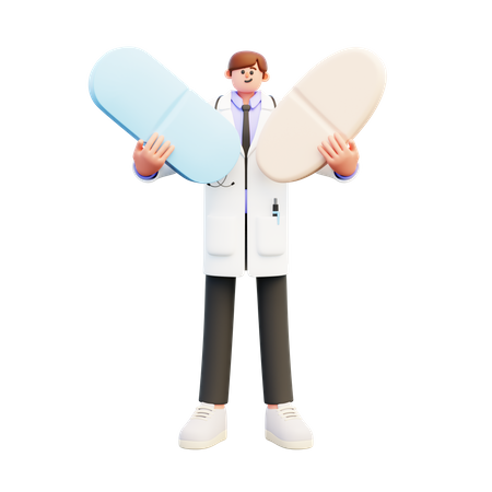 Médico masculino sosteniendo dos pastillas grandes diferentes  3D Illustration