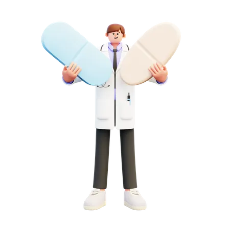 Médico masculino sosteniendo dos pastillas grandes diferentes  3D Illustration