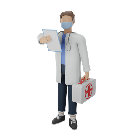 Doctor in white uniform holding patient records and medical bag  3D Icon