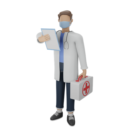 Doctor in white uniform holding patient records and medical bag 3D Illustration