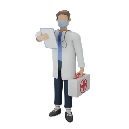 Doctor in white uniform holding patient records and medical bag  3D Illustration