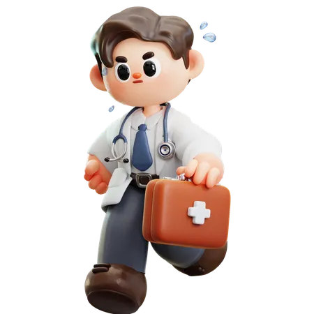Doctor Run And Holding First Aid Kit Emergency Medical Supplies 3 D Cute Cartoon Character Smiling Male Doctor With Stethoscope Concept Of Science Medical Health Healthcare Insurance National Doctors Day 3D Illustration