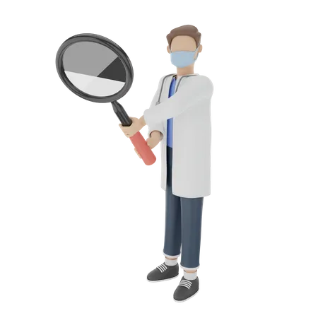 Doctor is detecting virus with a magnifying glass  3D Illustration