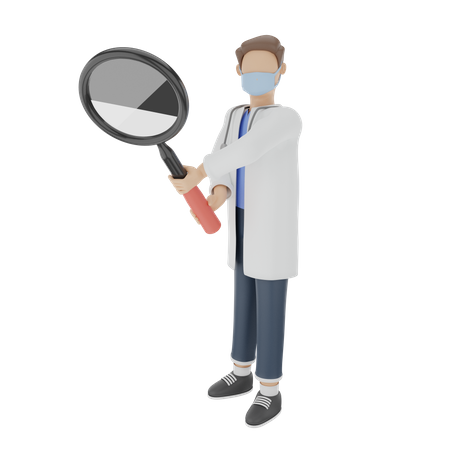 Doctor is detecting virus with a magnifying glass 3D Illustration