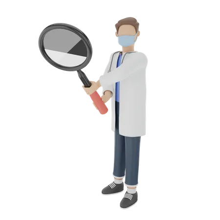 Doctor is detecting virus with a magnifying glass 3D Illustration