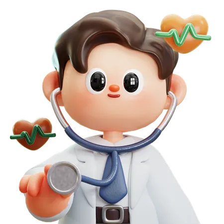 Doctor Examine Consulting Checkup Patient With Stethoscope And Heartbeats 3 D Cute Cartoon Character Smiling Male Doctor With Stethoscope Concept Of Science Medical Health Healthcare Insurance National Doctors Day 3D Illustration