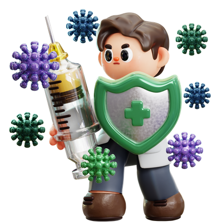 Doctor Is Fighting With Virus With Syringe And Shield  3D Illustration