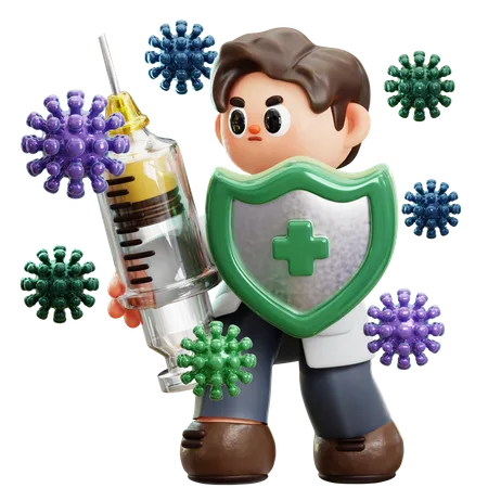 Doctor Fighting Virus And Bacteria Attract With Giant Syringe And Safety Shield 3 D Cute Cartoon Character Male Doctor With Stethoscope Concept Of Science Medical Health Healthcare Insurance National Doctors Day 3D Illustration